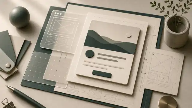 Layered blueprint and interface components representing thoughtful strategy